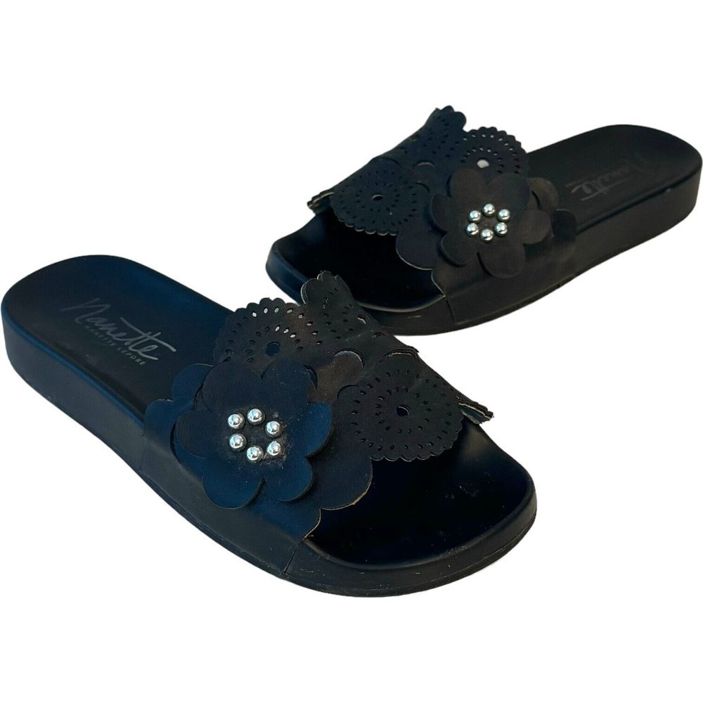Nanette Lepore Womens Maria Slides Black Faux Leather Laser Cut Flowers 7.5 M